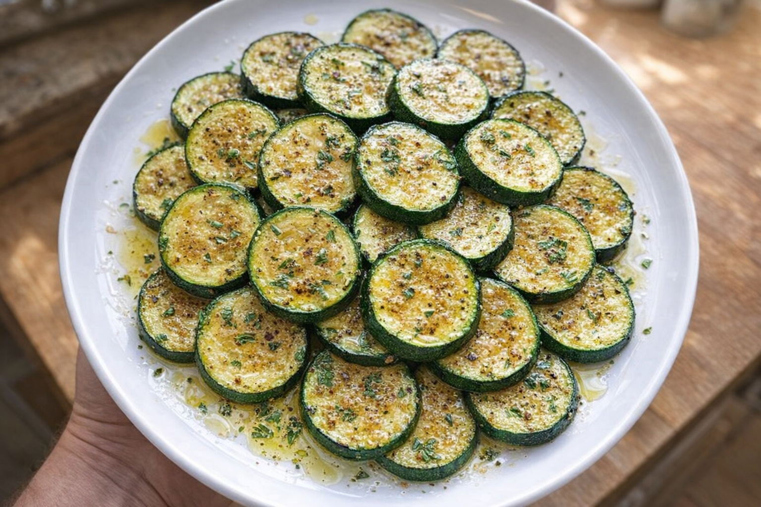A brightly lit, overhead shot of perfectly cooked zucchini coins, glistening with olive oil and herbs, arranged artfully on a white plate.